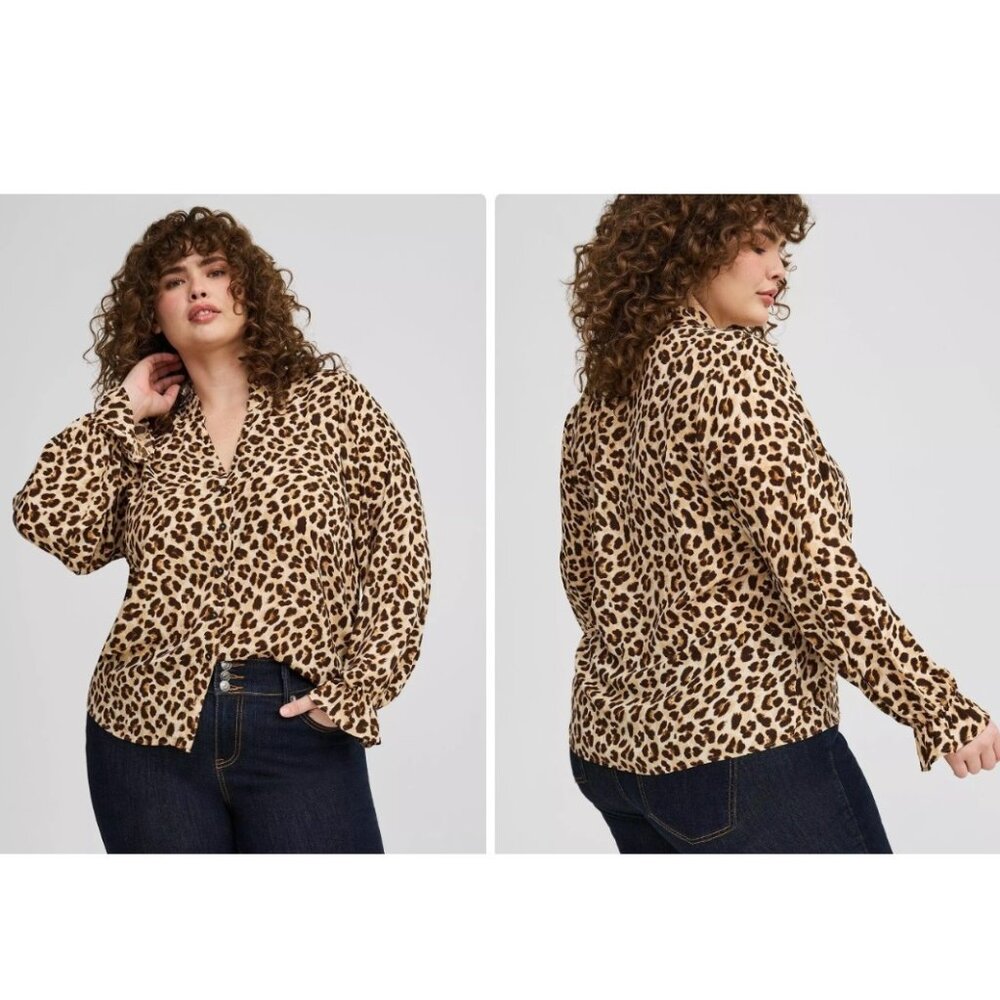 Torrid Womens Blouse 1 Plus 1X Leopard Animal Print Button Shirt Long Sleeve